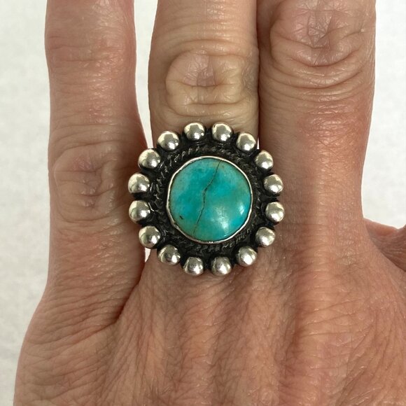 VTG Sterling Silver 925 Southwest Native Style Round Turquoise Ring FLAW Sz 6.25 - Picture 1 of 16